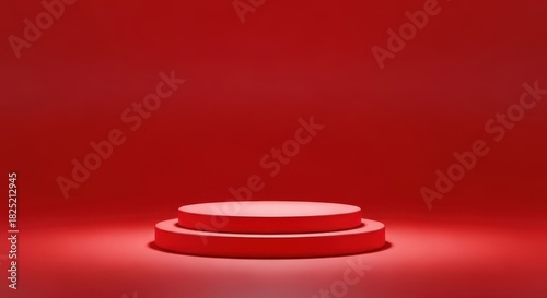 Minimalist red podium or stage platform with two circular tiers, illuminated by soft light against a solid deep red background, perfect for product display or presentation