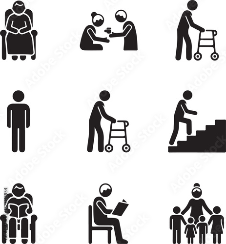 Human Pictogram Icons Elderly Care, Senior Support, Family Groups, and Daily Activities like reading, walking with a walker, and climbing stairs, symbolizing different stages of life and assistance.