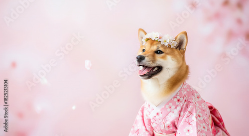 Shiba Inu dog wearing pink floral kimono and flower crown, sitting against soft pink cherry blossom background, looking happy and cheerful, springtime celebration