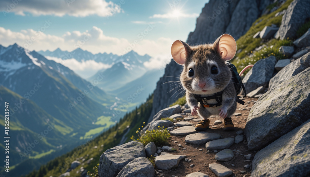Obraz premium Adorable mouse wearing full hiking gear including a small backpack, boots, helmet, and climbing harness, carefully climbing a rocky mountain trail. Background shows majestic mountains, lush valleys, 