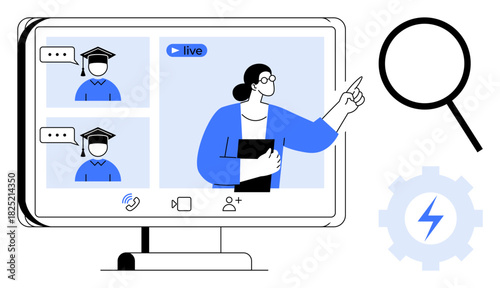 Teacher presenting during an online class, two students attending via video call. Ideal for education, e-learning, video conferencing, remote teaching, webinars, presentations, virtual collaboration