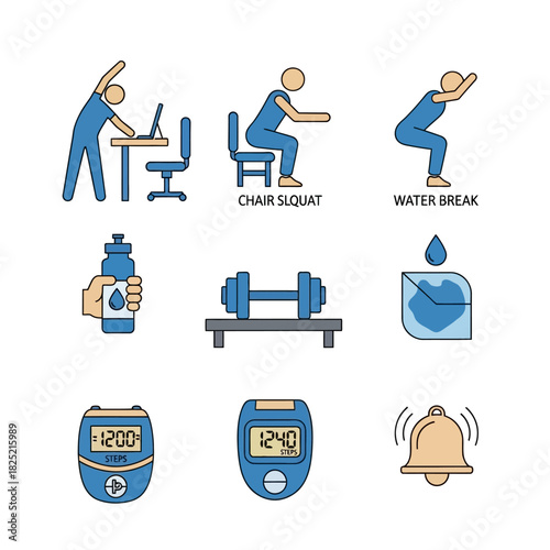 Office Exercise and Hydration Reminder Icons.