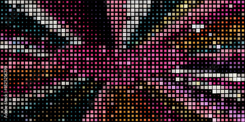 Bright glowing rainbow disco lights. Multicolored disco wall of flashing lights. Disco party VJ. Neon LED lights. Night club, disco party, music video, jazz and pop, stage floodlight.