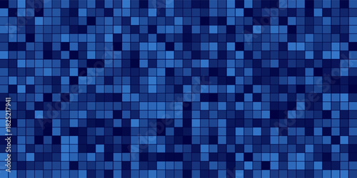 Blue tiles pattern. Classic seamless mosaic. Square swimming pool texture. Simple bathroom background. Wall or floor design template. Ceramic surface concept. Vector illustration.