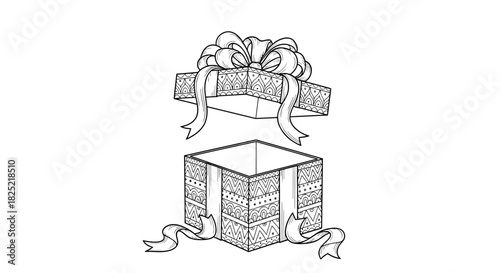 Open top gift box line art with floating lid on white background