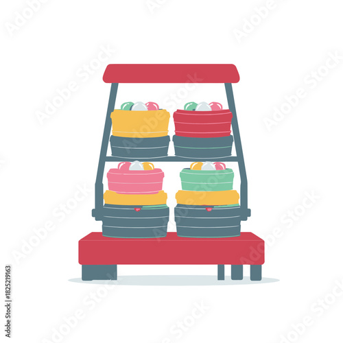 A colorful illustration of a dim sum cart with food items