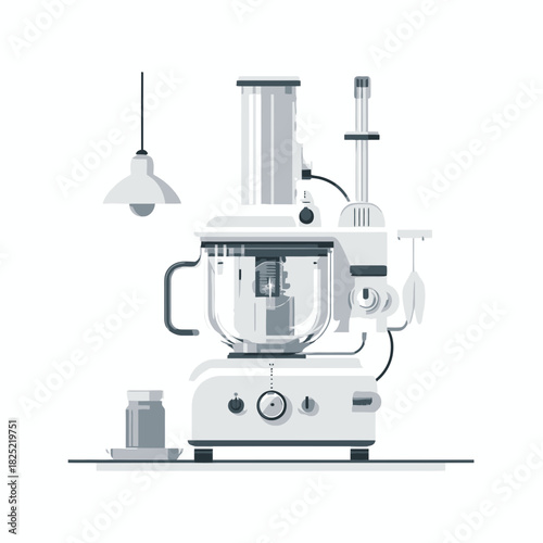 A flat vector illustration of a food processor and kitchen tools