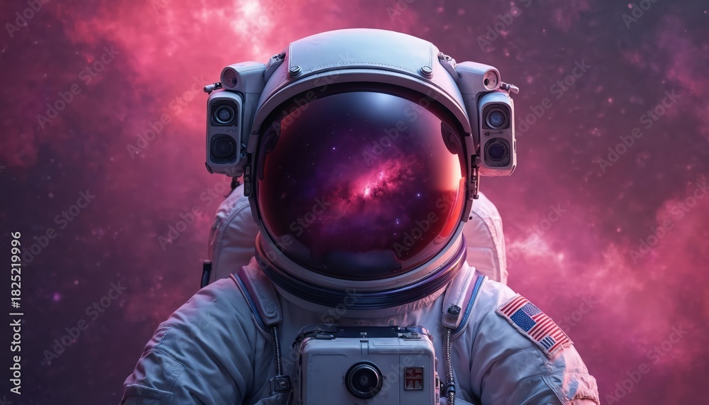 Obraz premium Astronaut in space helmet reflects cosmic nebula against pink purple background. Science fiction artwork presents future exploration concept. Spaceman suit reflects stars, cosmos. Space travel,
