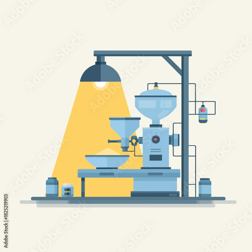 Flat Vector Illustration of a Hammer Mill Grinding Food