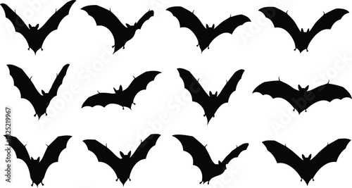 Black bat silhouettes, flying bats, Halloween icons, spooky creatures, nocturnal animals, graphic design elements, bat wings, horror theme, vector art