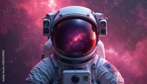 Fototapeta Naklejka Na Ścianę i Meble -  Astronaut in space helmet reflects cosmic nebula against pink purple background. Science fiction artwork presents future exploration concept. Spaceman suit reflects stars, cosmos. Space travel,