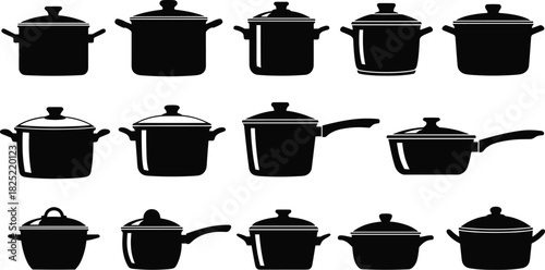 Black cookware silhouettes, kitchen utensils, frying pans, stockpots, saucepans, cooking tools, culinary icons, vector set, isolated, graphic design
