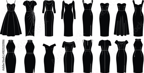 Black dress silhouettes, fashion design, elegant styles, clothing variety, modern outfits, trendy wear, garment shapes, stylish apparel, couture inspiration, wardrobe ideas