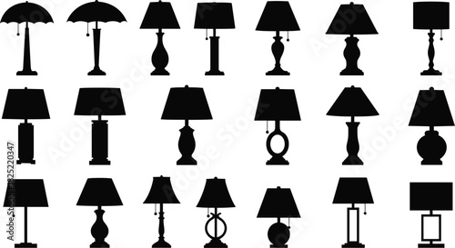 Black lamp silhouettes, table lamp icons, modern lighting shapes, vintage lamp designs, home decor elements, interior design symbols, vector illustration