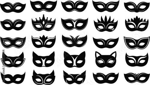 Black masquerade mask collection, elegant costume accessory, mysterious party design, gothic fashion element, fantasy disguise, dramatic silhouette, artistic inspiration