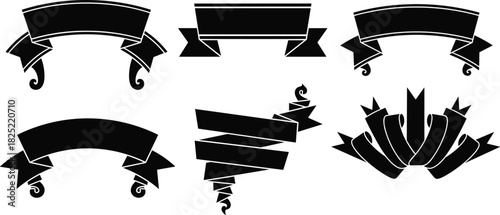 Black ribbon banner set, vintage label design, curled edges, decorative graphic element, vector illustration, blank scroll, isolated on white