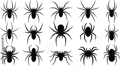 Black spider silhouettes collection, vector arachnid icons set for Halloween, nature illustrations, creepy insect designs, horror graphic elements, decoration