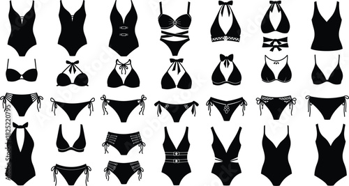 Black swimsuit silhouettes, fashion design reference, bikini styles, one-piece swimwear, vector icons, summer beachwear, garment template, apparel illustration, editable shapes