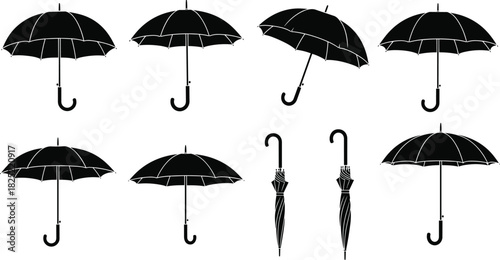 Black umbrella silhouettes, open and closed, vector icons, rainy weather symbols, minimal design, graphic set, pattern recognition, puzzle concept