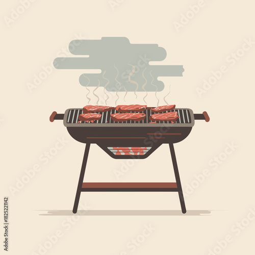 A vector illustration of a barbecue grill cooking steaks