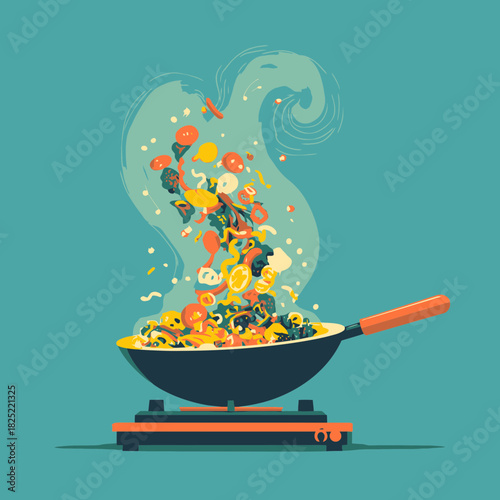 A wok filled with food while cooking with steam