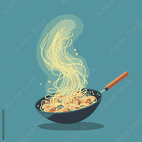 A wok with noodles stir frying in a flat style illustration
