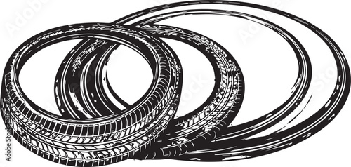 Black and White Interlocking Car Tire Rings Vector Graphic isolated on white background for automotive design