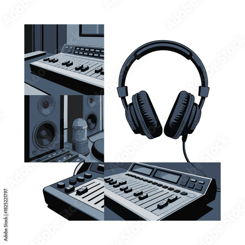 Audio mixing console and headphones in a studio setting sound music