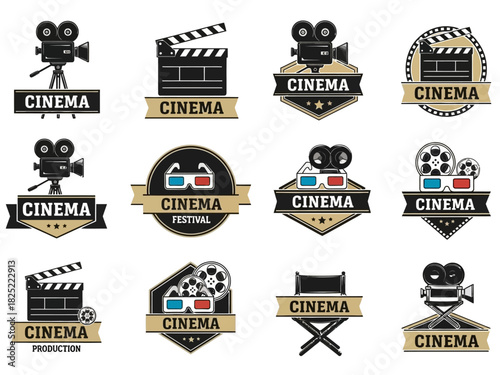 Set of 12 Vintage Retro Cinema Film Festival Logo Templates - Movie Production Studio Badges