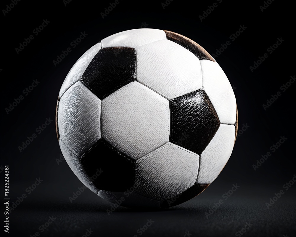 Fototapeta premium Classic Black and White Soccer Ball with Geometric Hexagon Pattern on Dark Background Under Spotlight