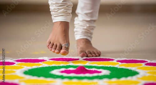 Close-up of bare feet gracefully hovering over a vibrant traditional Indian rangoli design