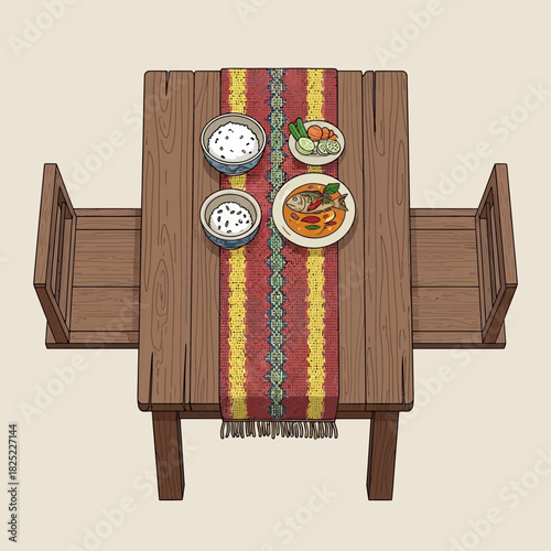Authentic thai cuisine illustration served on wooden table with runner