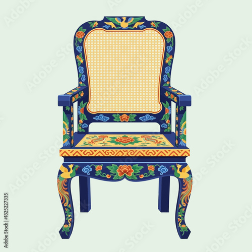 Detailed Illustration of an Ornate Antique Chair with Intricate Designs