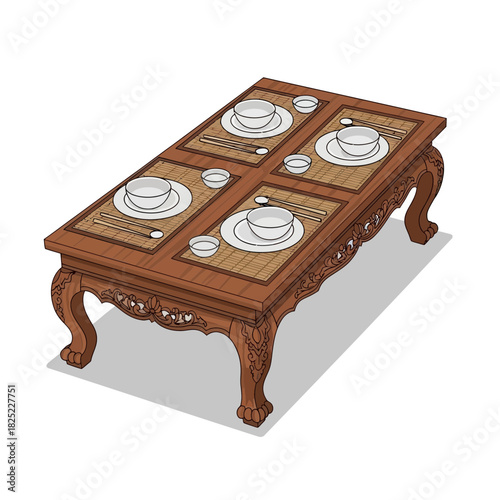 Illustration of a traditional Asian dining table with place settings