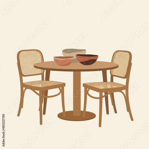 Illustrative Dining Set with Wicker Chairs and Minimalist Ceramic Bowls