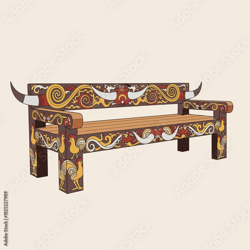 Intricately carved wooden bench adorned with stylized rooster and buffalo motifs
