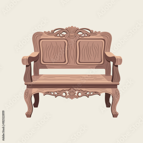 Ornate Wooden Bench Illustration with Intricate Carvings and Neutral Backdrop