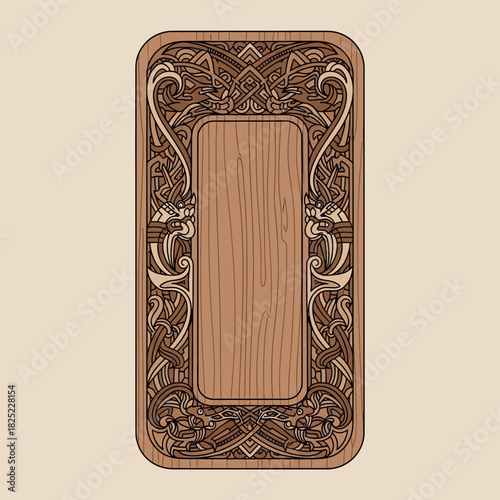 Ornate Wooden Frame with Celtic Knotwork and Mythical Dragon Carvings