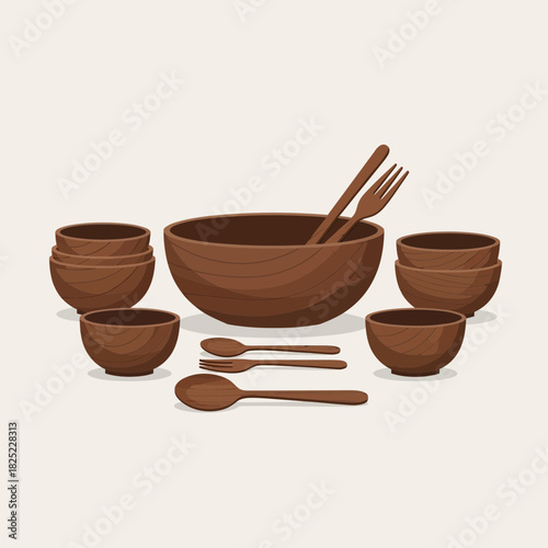 Set of wooden bowls and cutlery for dining and serving food elegantly