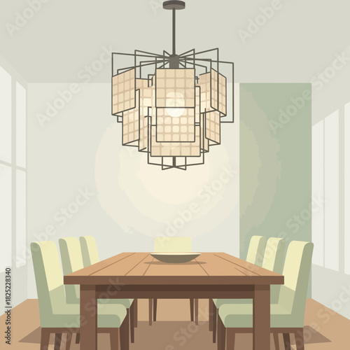 Stylish dining room with elegant chandelier and wooden table illustration
