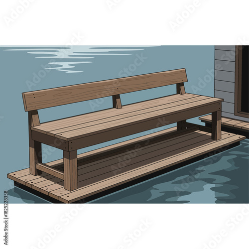 Seaside wooden bench on pier, a tranquil lakeside relaxation spot scene
