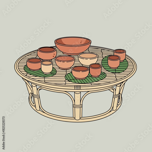 Stylized arrangement of ceramic bowls on a rattan table illustration