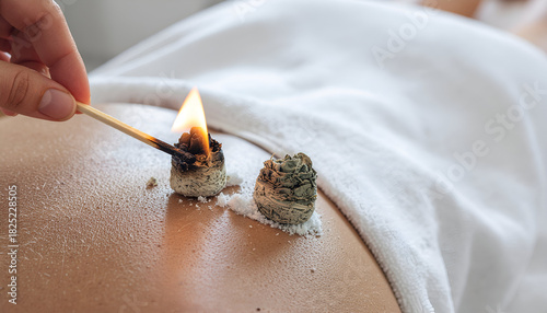 Close-up of therapist lighting mugwort moxibustion cones for alternative medicine therapy on skin