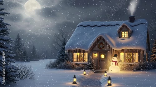 Enchanting winter wonderland scene as snow gently falls on a cozy cottage, a snowman, lit lanterns, and a full moon in the sky, holiday magic