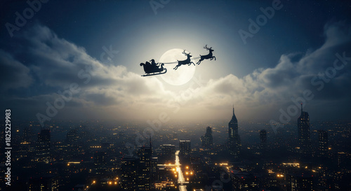 Santa sleigh reindeer silhouette flying over city skyline at night, full moon glowing, festive magical atmosphere, Christmas celebration, winter holiday joy