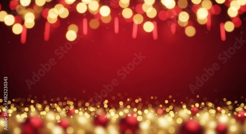 Fototapeta Naklejka Na Ścianę i Meble -  Red background with festive golden bokeh light and blurry red bauble ornaments. Seasonal celebration concept for Christmas and New Year.
