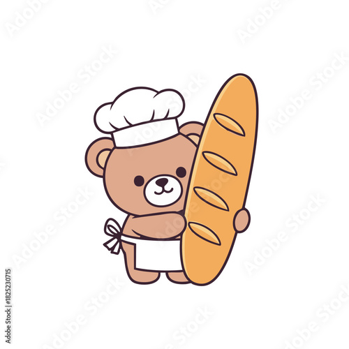 Cartoon Bear Baker with Chef Hat Holding Freshly Baked Loaf