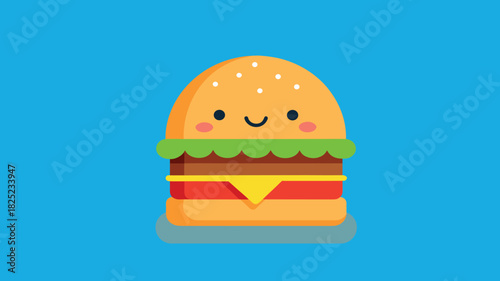 Cute happy burger character with smiling face on blue background