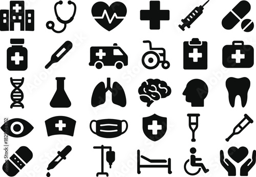Medical Procedure Silhouette Icon Set on White Background