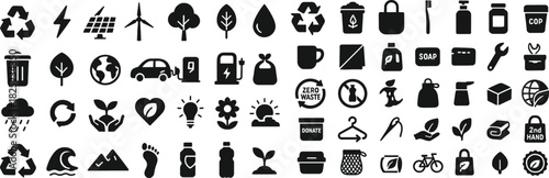 Zero-Waste Concepts Solid Black Silhouette Icons Set on White Background